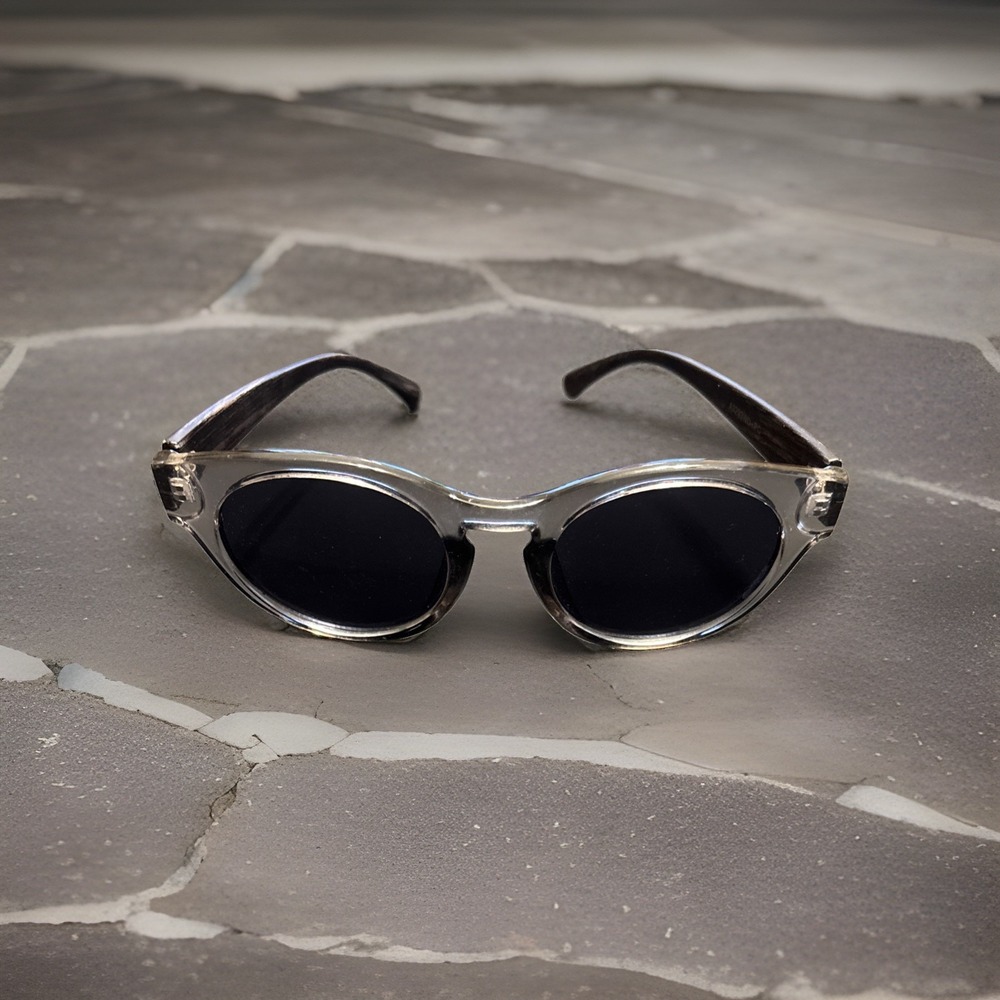 Oval Sunglasses Clear Gray Frame Black Lenses Woodgrain Temples